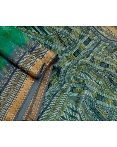 Sanskriti Vintage Sarees Green &amp; Gray Pure Silk Printed Sari Floral Craft Fabric, PR-64555-Green &amp; Gray-Pure Silk-3