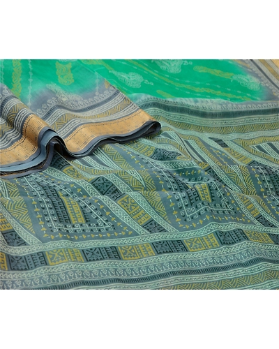 Sanskriti Vintage Sarees Green &amp; Gray Pure Silk Printed Sari Floral Craft Fabric, PR-64555-Green &amp; Gray-Pure Silk-5