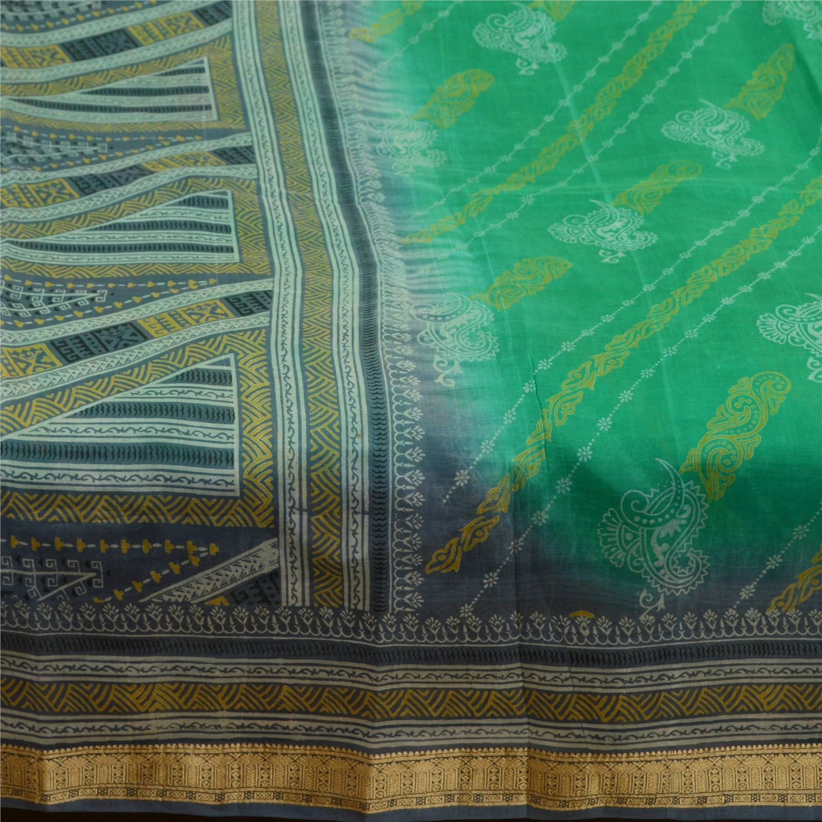 Sanskriti Vintage Sarees Green &amp; Gray Pure Silk Printed Sari Floral Craft Fabric, PR-64555-Green &amp; Gray-Pure Silk-6