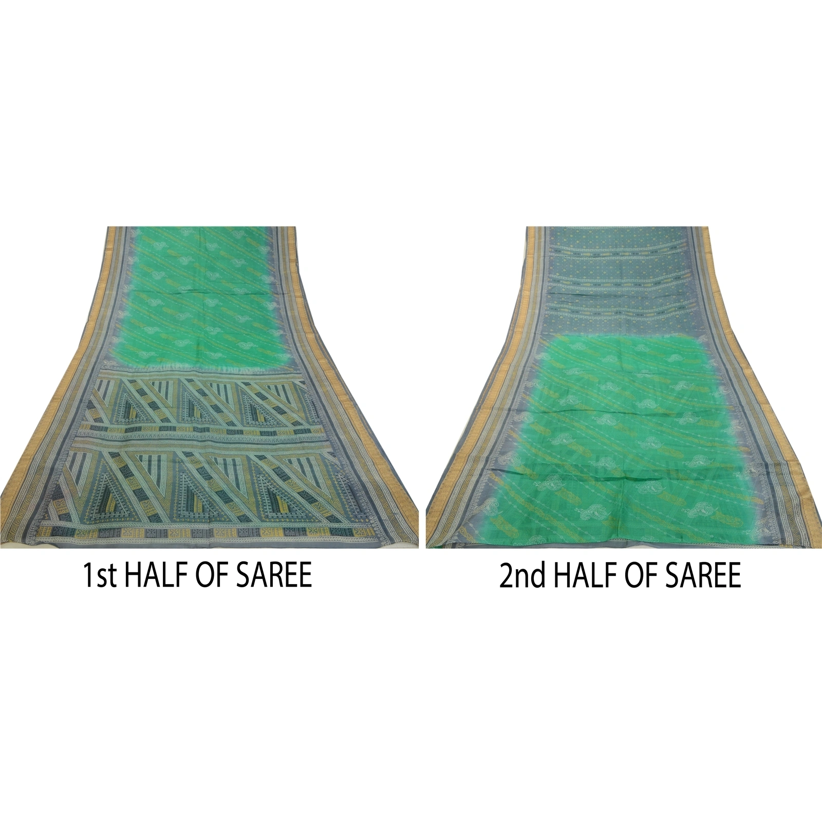 Sanskriti Vintage Sarees Green &amp; Gray Pure Silk Printed Sari Floral Craft Fabric, PR-64555-Green &amp; Gray-Pure Silk-7