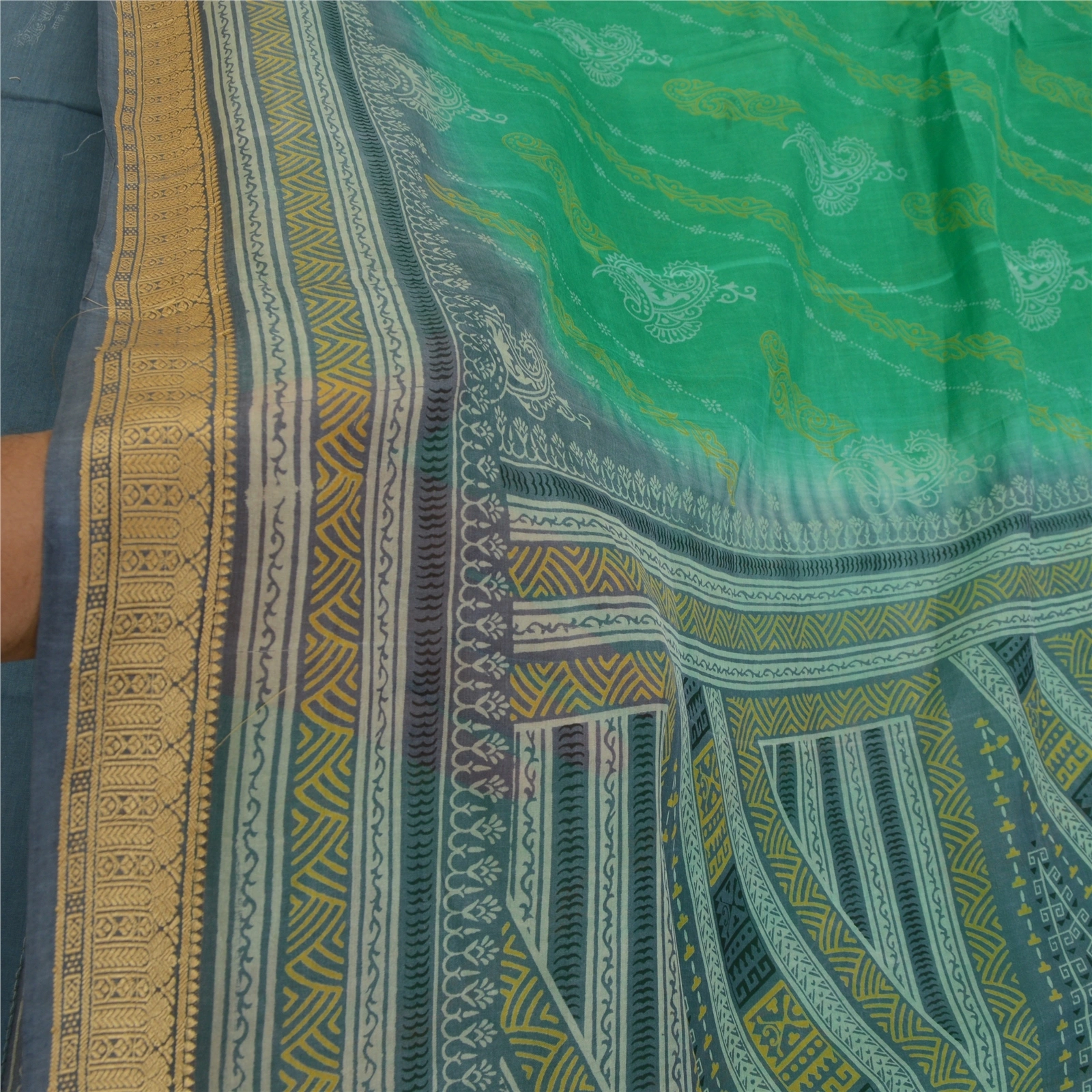 Sanskriti Vintage Sarees Green &amp; Gray Pure Silk Printed Sari Floral Craft Fabric, PR-64555-Green &amp; Gray-Pure Silk-8