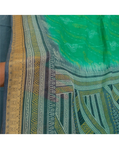 Sanskriti Vintage Sarees Green &amp; Gray Pure Silk Printed Sari Floral Craft Fabric, PR-64555-Green &amp; Gray-Pure Silk-8