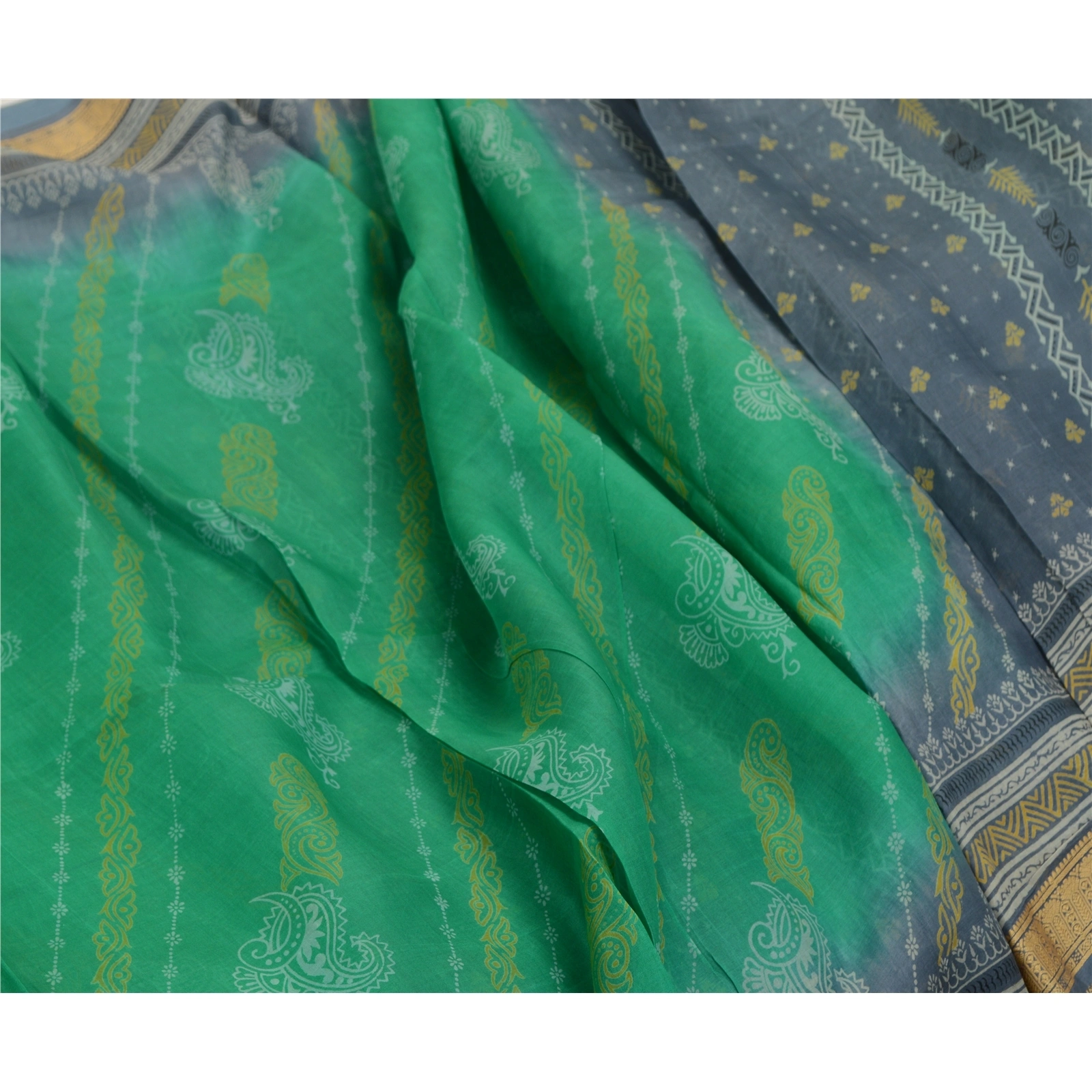 Sanskriti Vintage Sarees Green &amp; Gray Pure Silk Printed Sari Floral Craft Fabric, PR-64555-Green &amp; Gray-Pure Silk-9