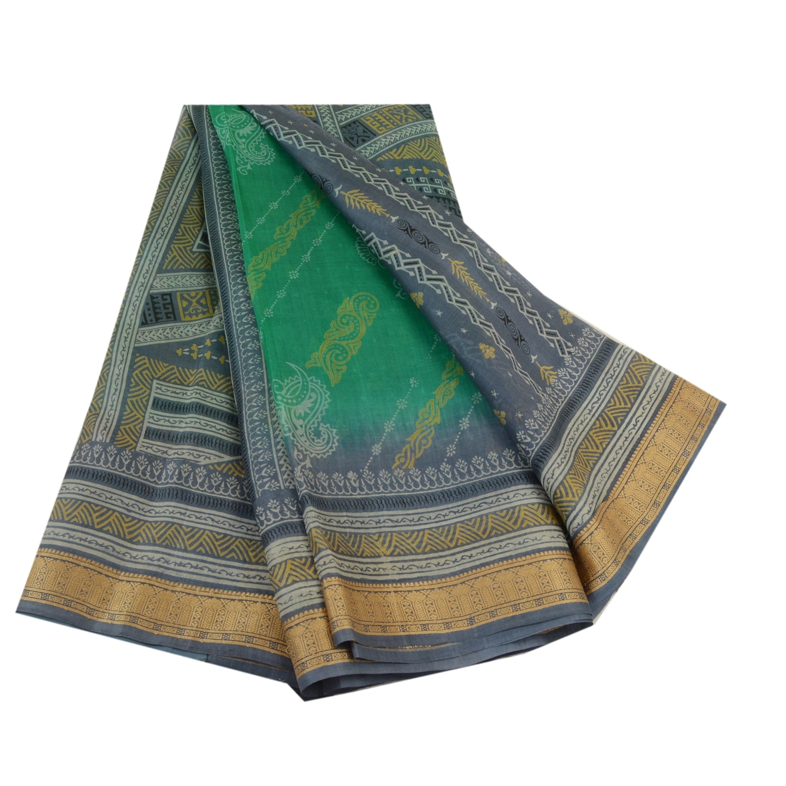 Sanskriti Vintage Sarees Green &amp; Gray Pure Silk Printed Sari Floral Craft Fabric, PR-64555-Green &amp; Gray-Pure Silk-10