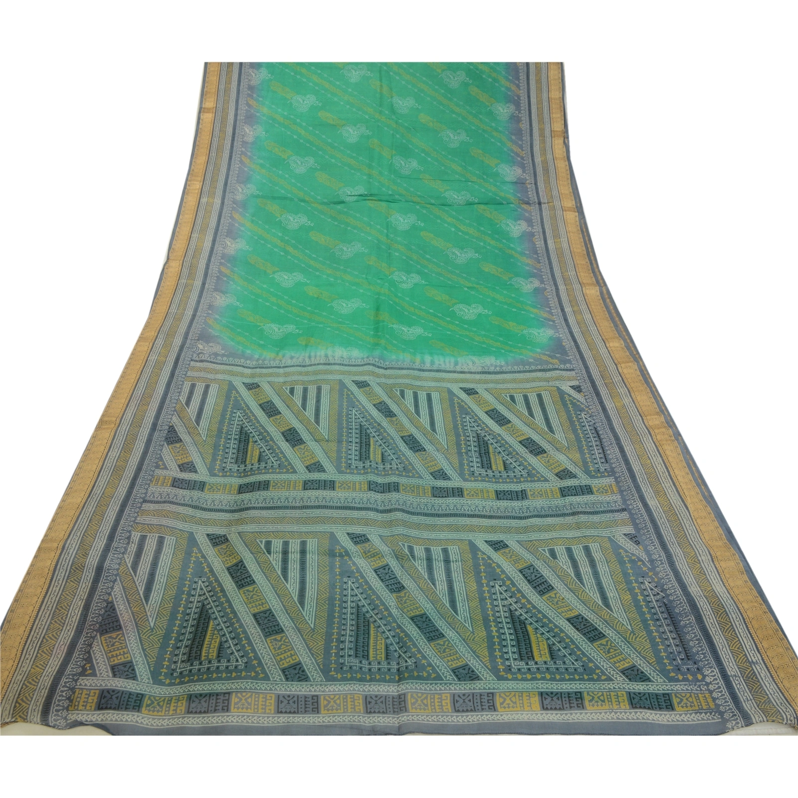 Sanskriti Vintage Sarees Green &amp; Gray Pure Silk Printed Sari Floral Craft Fabric, PR-64555-Green &amp; Gray-Pure Silk-11