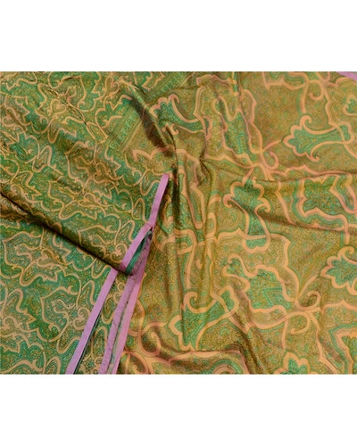 Sanskriti Vintage Sarees Green 100% Pure Silk Printed Sari Floral Craft Fabric, PR-64556-Green-Pure Silk-3