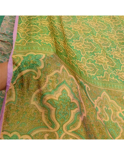 Sanskriti Vintage Sarees Green 100% Pure Silk Printed Sari Floral Craft Fabric, PR-64556-Green-Pure Silk-8