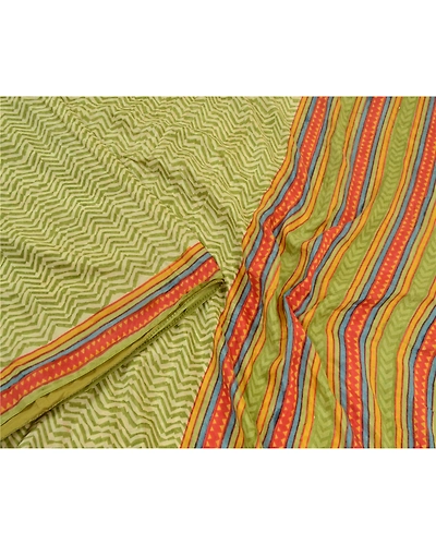 Sanskriti Vintage Sarees Green Geometric Printed Pure Silk Sari 5Yd Craft Fabric, PR-64571-Green-Pure Silk-3