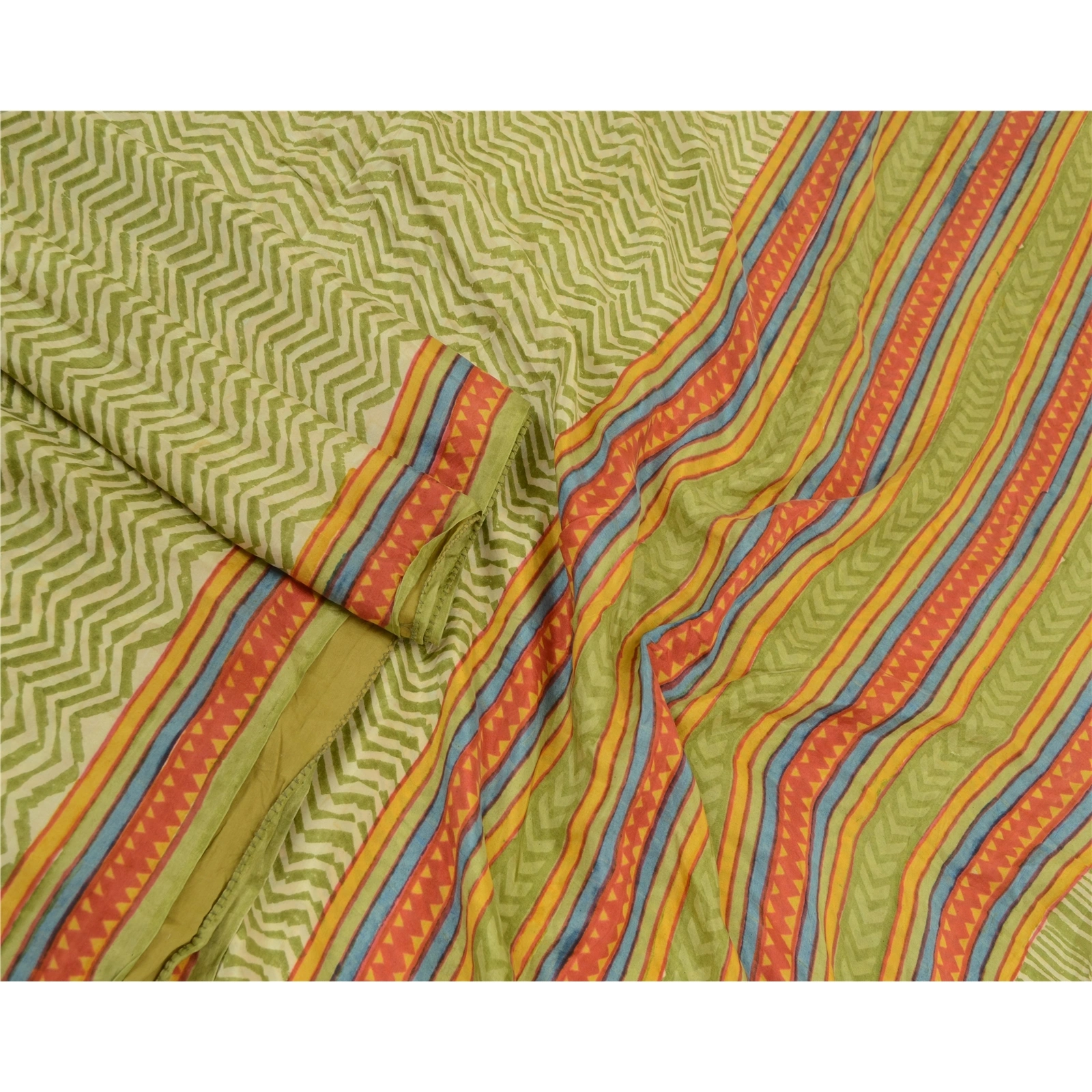 Sanskriti Vintage Sarees Green Geometric Printed Pure Silk Sari 5Yd Craft Fabric, PR-64571-Green-Pure Silk-4