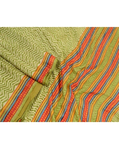 Sanskriti Vintage Sarees Green Geometric Printed Pure Silk Sari 5Yd Craft Fabric, PR-64571-Green-Pure Silk-4