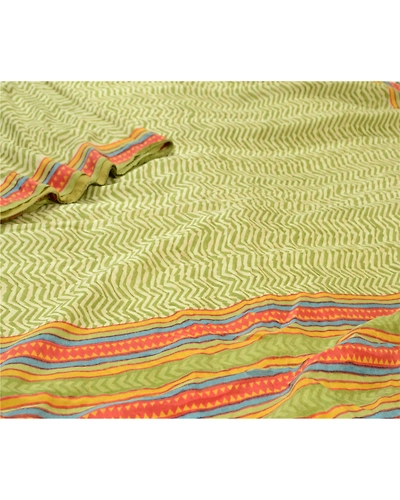 Sanskriti Vintage Sarees Green Geometric Printed Pure Silk Sari 5Yd Craft Fabric, PR-64571-Green-Pure Silk-5