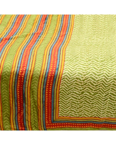 Sanskriti Vintage Sarees Green Geometric Printed Pure Silk Sari 5Yd Craft Fabric, PR-64571-Green-Pure Silk-6