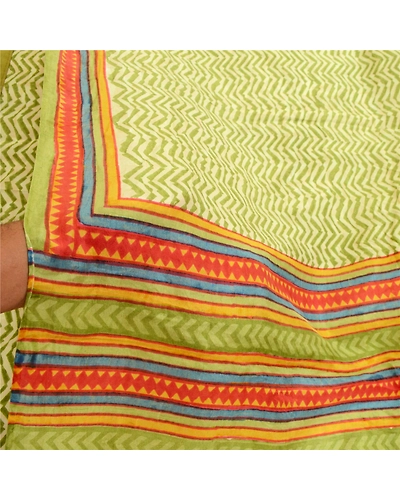 Sanskriti Vintage Sarees Green Geometric Printed Pure Silk Sari 5Yd Craft Fabric, PR-64571-Green-Pure Silk-8