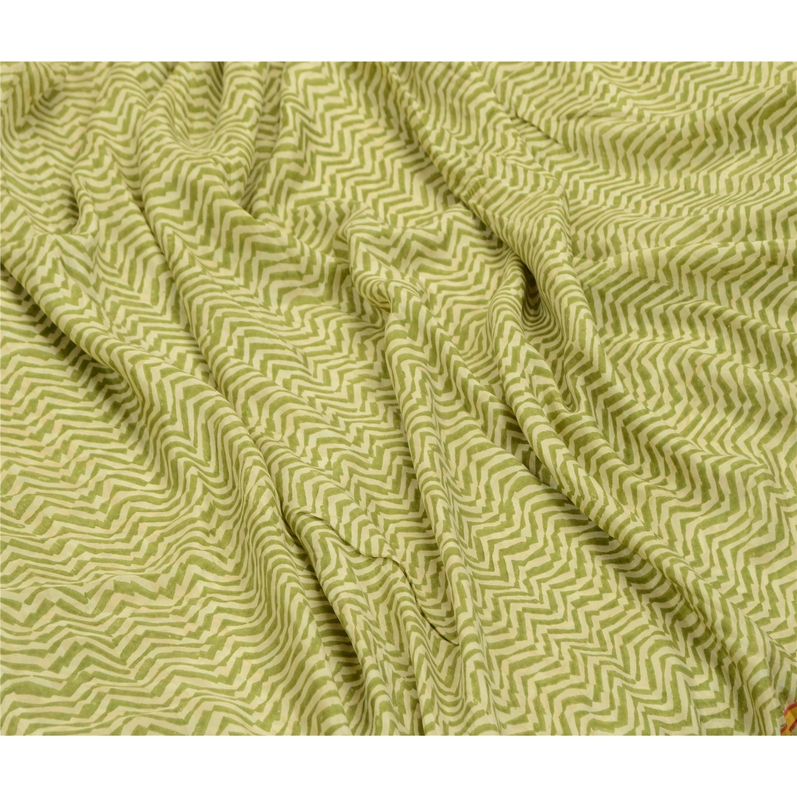 Sanskriti Vintage Sarees Green Geometric Printed Pure Silk Sari 5Yd Craft Fabric, PR-64571-Green-Pure Silk-9