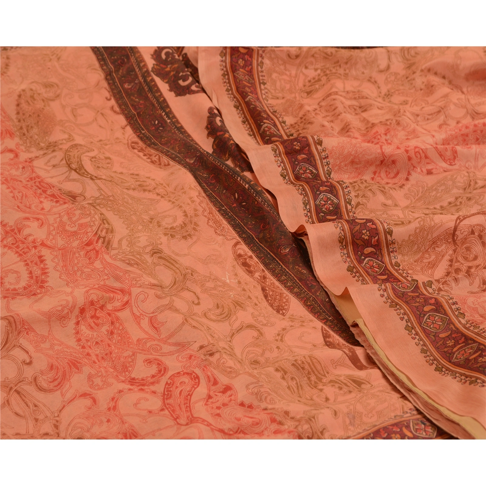 Sanskriti Vintage Sarees Peach &amp; Dark Red Pure Silk Printed Sari Craft Fabric, PR-64576-Peach &amp; Dark Red-Pure Silk-1