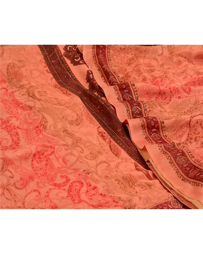 Sanskriti Vintage Sarees Peach &amp; Dark Red Pure Silk Printed Sari Craft Fabric, PR-64576-Peach &amp; Dark Red-Pure Silk-1