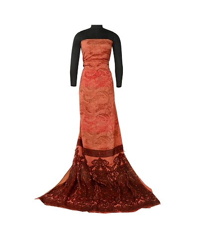 Sanskriti Vintage Sarees Peach &amp; Dark Red Pure Silk Printed Sari Craft Fabric, PR-64576-Peach &amp; Dark Red-Pure Silk-2