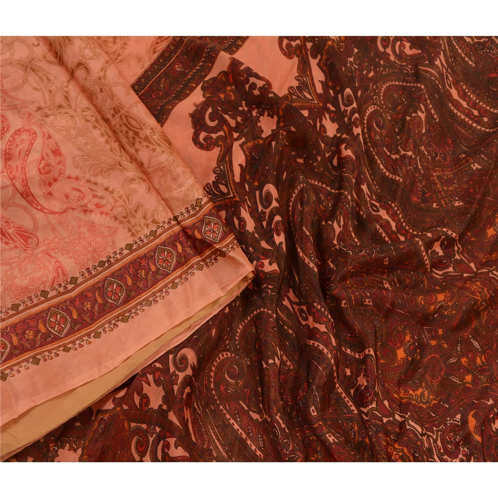 Sanskriti Vintage Sarees Peach &amp; Dark Red Pure Silk Printed Sari Craft Fabric, PR-64576-Peach &amp; Dark Red-Pure Silk-3