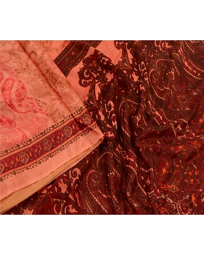 Sanskriti Vintage Sarees Peach &amp; Dark Red Pure Silk Printed Sari Craft Fabric, PR-64576-Peach &amp; Dark Red-Pure Silk-3