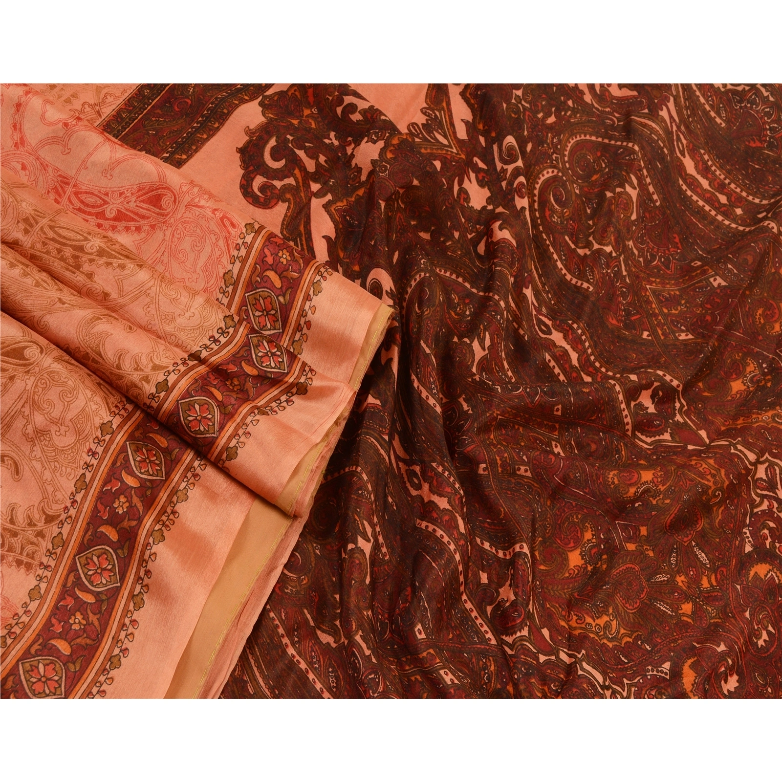 Sanskriti Vintage Sarees Peach &amp; Dark Red Pure Silk Printed Sari Craft Fabric, PR-64576-Peach &amp; Dark Red-Pure Silk-4