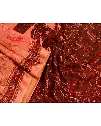 Sanskriti Vintage Sarees Peach &amp; Dark Red Pure Silk Printed Sari Craft Fabric, PR-64576-Peach &amp; Dark Red-Pure Silk-4