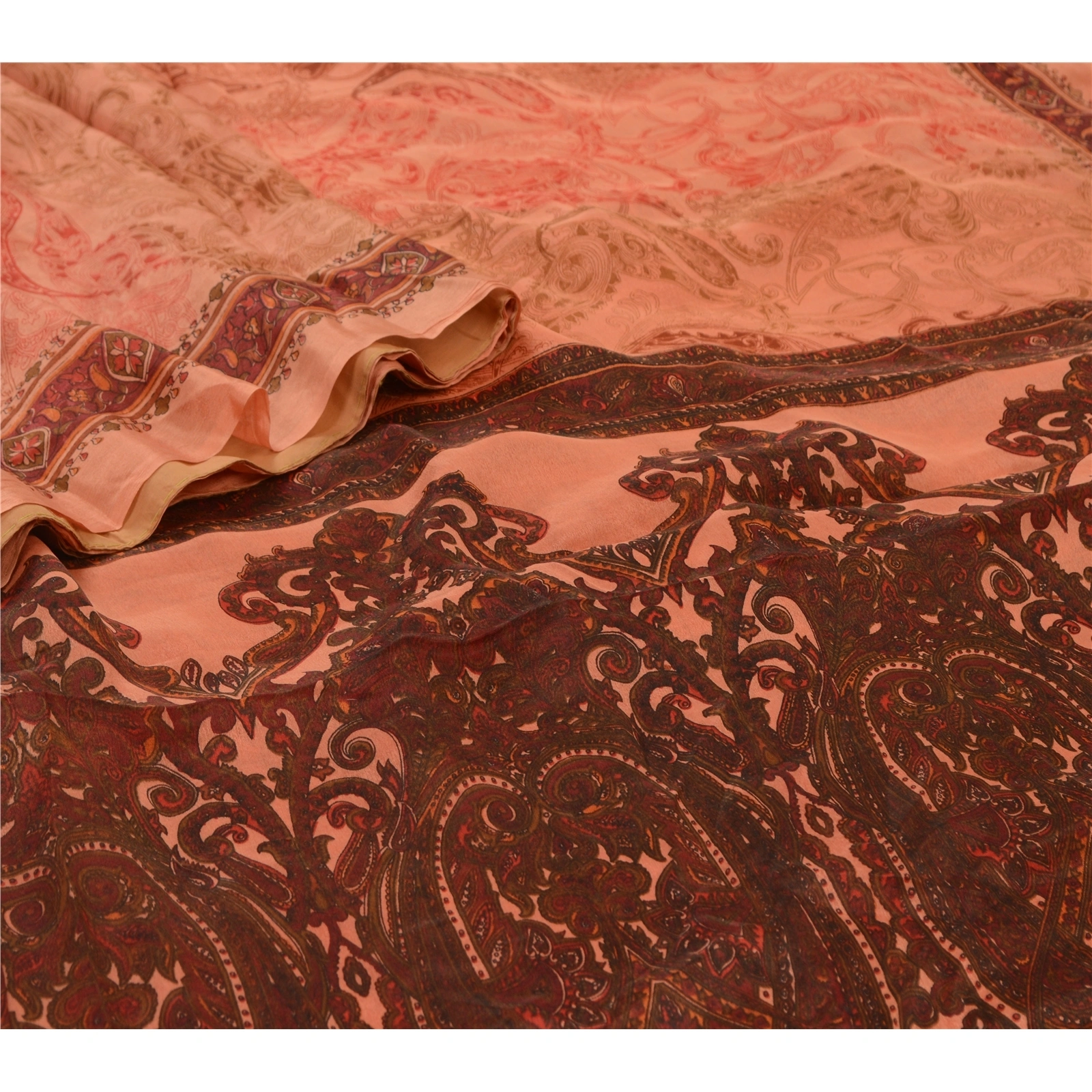 Sanskriti Vintage Sarees Peach &amp; Dark Red Pure Silk Printed Sari Craft Fabric, PR-64576-Peach &amp; Dark Red-Pure Silk-5