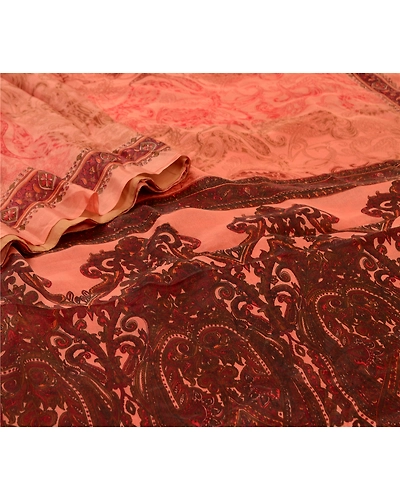 Sanskriti Vintage Sarees Peach &amp; Dark Red Pure Silk Printed Sari Craft Fabric, PR-64576-Peach &amp; Dark Red-Pure Silk-5