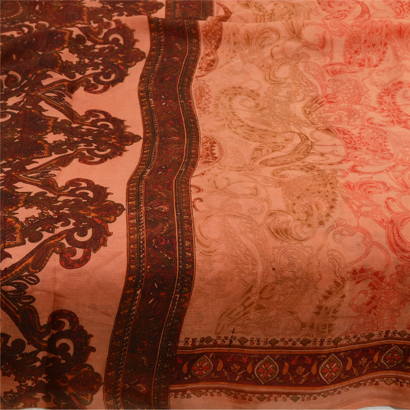 Sanskriti Vintage Sarees Peach &amp; Dark Red Pure Silk Printed Sari Craft Fabric, PR-64576-Peach &amp; Dark Red-Pure Silk-6