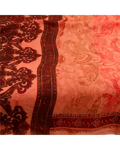 Sanskriti Vintage Sarees Peach &amp; Dark Red Pure Silk Printed Sari Craft Fabric, PR-64576-Peach &amp; Dark Red-Pure Silk-6