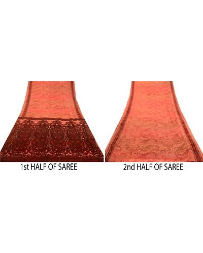 Sanskriti Vintage Sarees Peach &amp; Dark Red Pure Silk Printed Sari Craft Fabric, PR-64576-Peach &amp; Dark Red-Pure Silk-7
