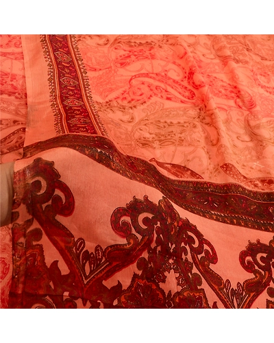 Sanskriti Vintage Sarees Peach &amp; Dark Red Pure Silk Printed Sari Craft Fabric, PR-64576-Peach &amp; Dark Red-Pure Silk-8