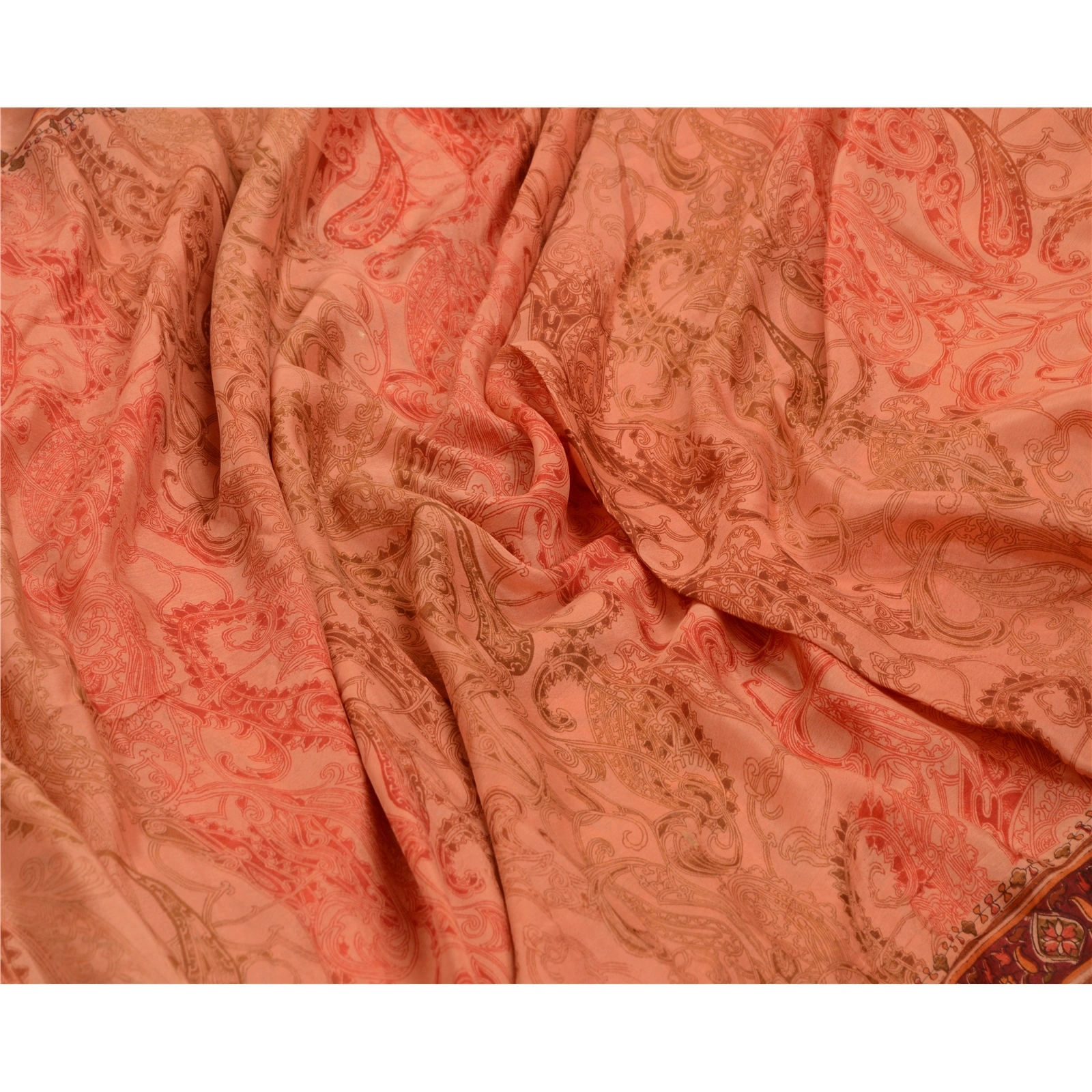 Sanskriti Vintage Sarees Peach &amp; Dark Red Pure Silk Printed Sari Craft Fabric, PR-64576-Peach &amp; Dark Red-Pure Silk-9