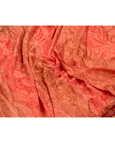 Sanskriti Vintage Sarees Peach &amp; Dark Red Pure Silk Printed Sari Craft Fabric, PR-64576-Peach &amp; Dark Red-Pure Silk-9
