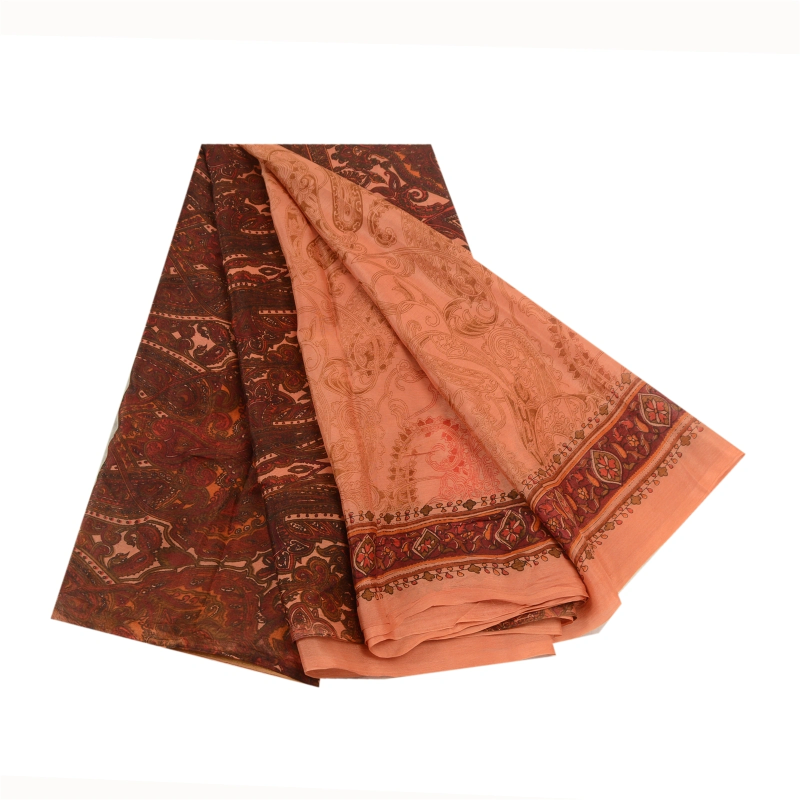 Sanskriti Vintage Sarees Peach &amp; Dark Red Pure Silk Printed Sari Craft Fabric, PR-64576-Peach &amp; Dark Red-Pure Silk-10