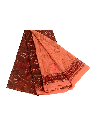 Sanskriti Vintage Sarees Peach &amp; Dark Red Pure Silk Printed Sari Craft Fabric, PR-64576-Peach &amp; Dark Red-Pure Silk-10