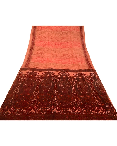Sanskriti Vintage Sarees Peach &amp; Dark Red Pure Silk Printed Sari Craft Fabric, PR-64576-Peach &amp; Dark Red-Pure Silk-11