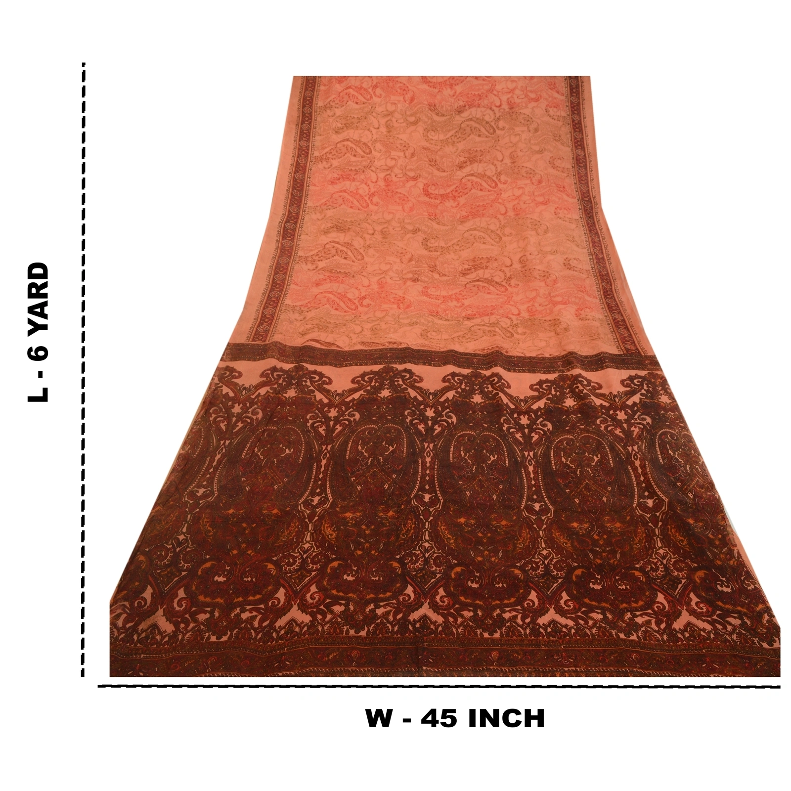 Sanskriti Vintage Sarees Peach &amp; Dark Red Pure Silk Printed Sari Craft Fabric, PR-64576-Peach &amp; Dark Red-Pure Silk-12