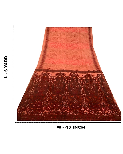Sanskriti Vintage Sarees Peach &amp; Dark Red Pure Silk Printed Sari Craft Fabric, PR-64576-Peach &amp; Dark Red-Pure Silk-12