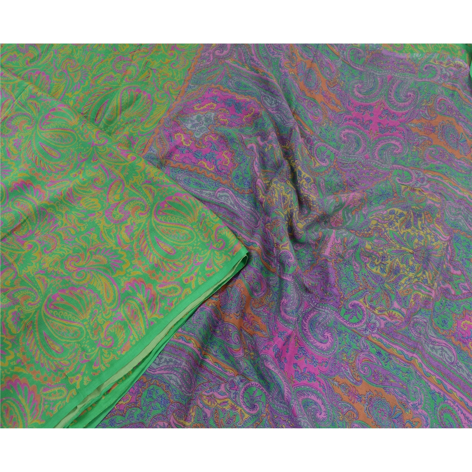 Sanskriti Vintage Sarees Green &amp; Purple Pure Silk Printed Sari Craft Fabric, PR-64577-Green &amp; Purple-Pure Silk-3