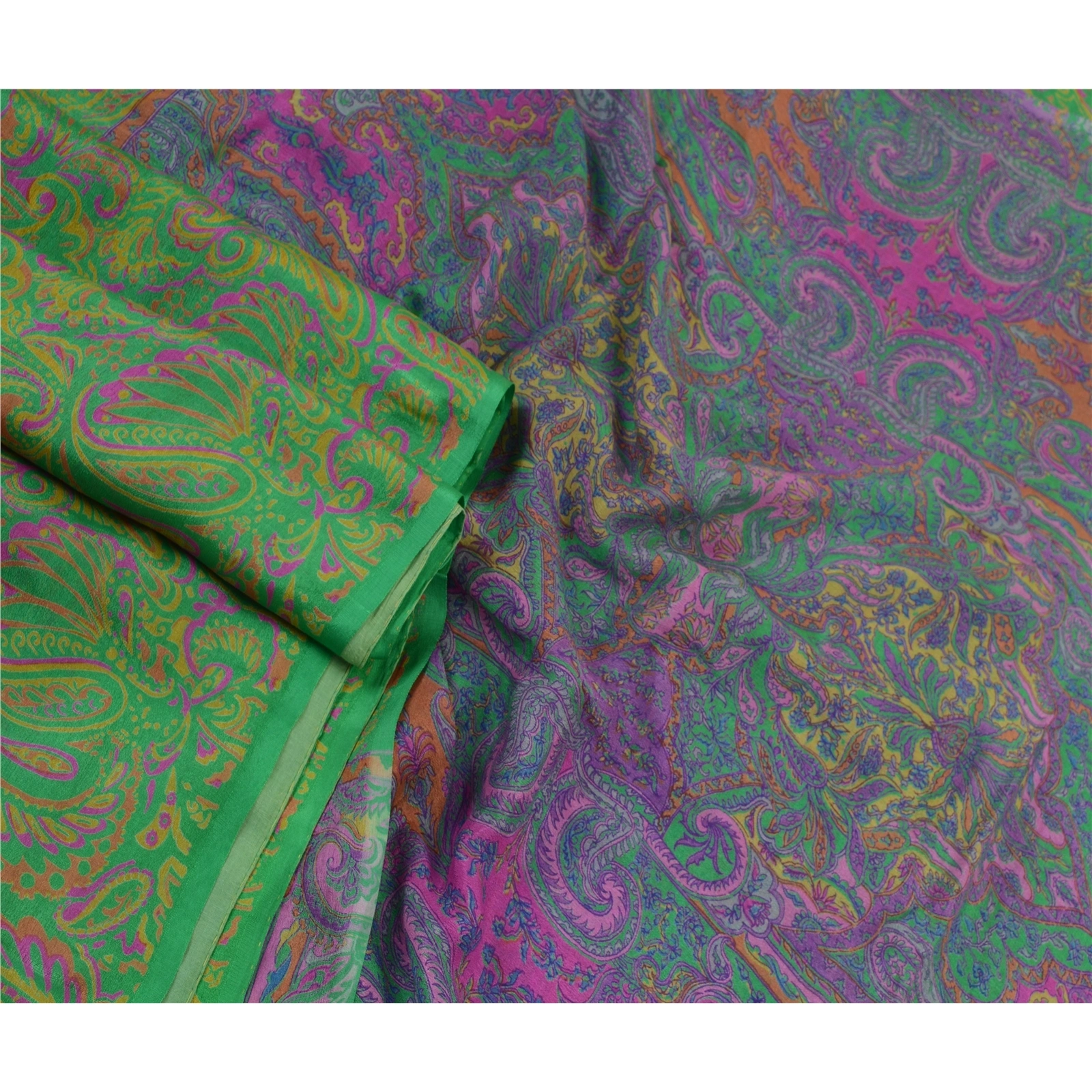 Sanskriti Vintage Sarees Green &amp; Purple Pure Silk Printed Sari Craft Fabric, PR-64577-Green &amp; Purple-Pure Silk-4