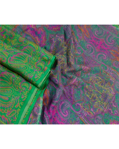 Sanskriti Vintage Sarees Green &amp; Purple Pure Silk Printed Sari Craft Fabric, PR-64577-Green &amp; Purple-Pure Silk-4