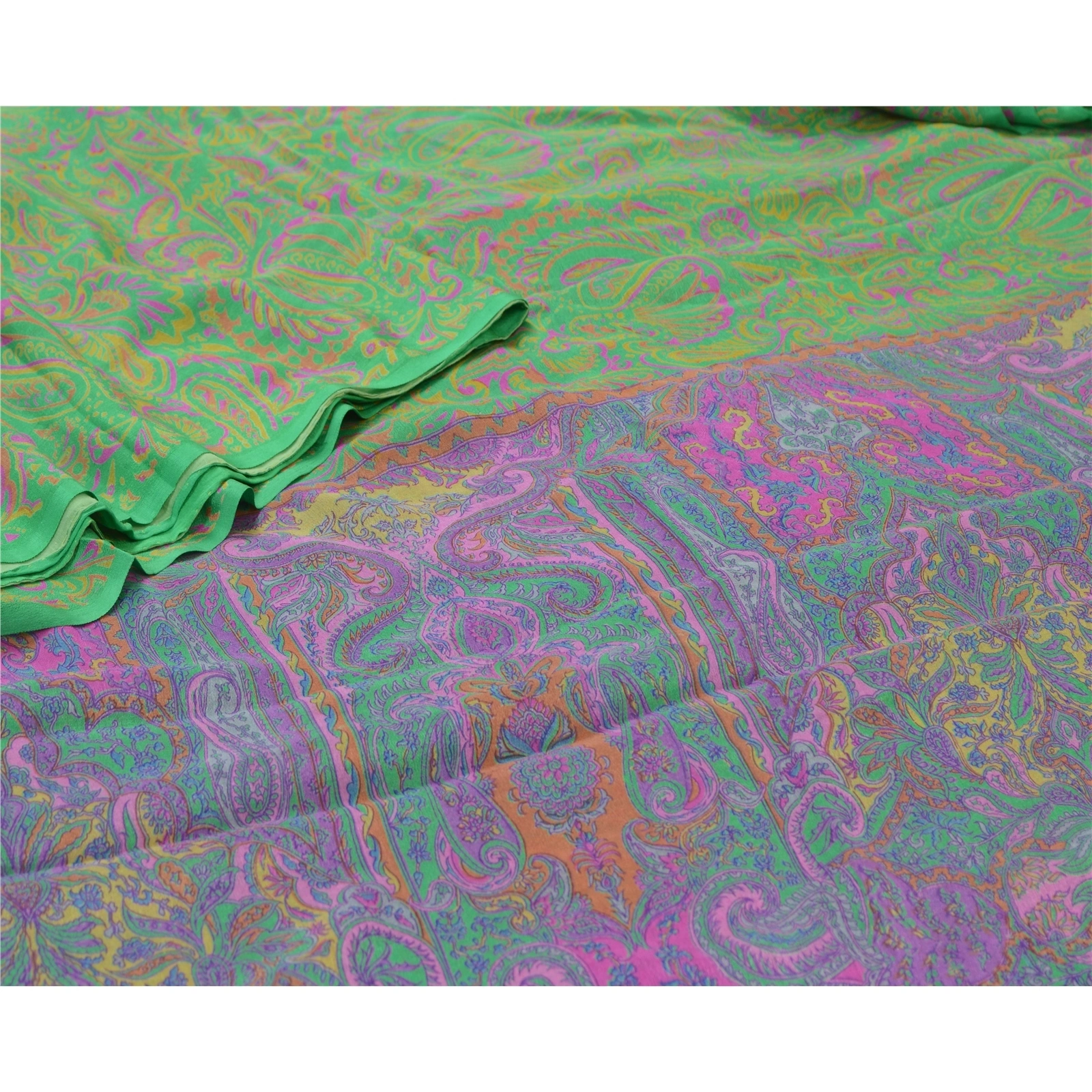 Sanskriti Vintage Sarees Green &amp; Purple Pure Silk Printed Sari Craft Fabric, PR-64577-Green &amp; Purple-Pure Silk-5