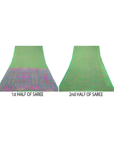 Sanskriti Vintage Sarees Green &amp; Purple Pure Silk Printed Sari Craft Fabric, PR-64577-Green &amp; Purple-Pure Silk-7