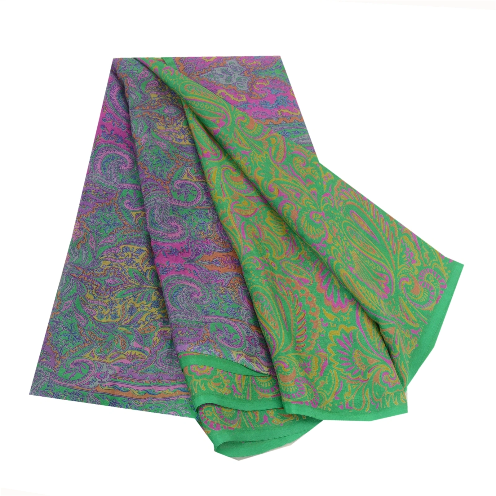 Sanskriti Vintage Sarees Green &amp; Purple Pure Silk Printed Sari Craft Fabric, PR-64577-Green &amp; Purple-Pure Silk-10