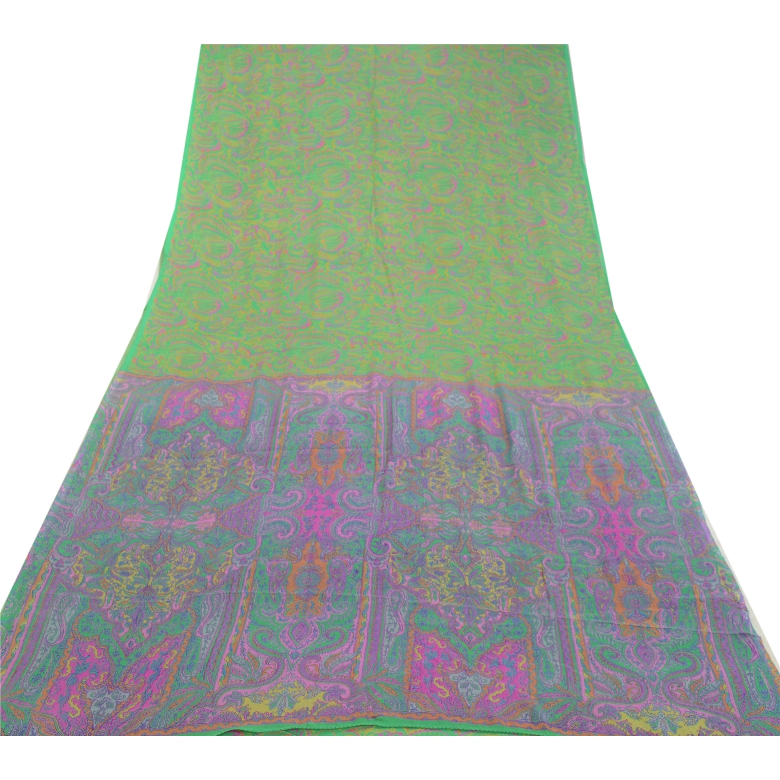 Sanskriti Vintage Sarees Green &amp; Purple Pure Silk Printed Sari Craft Fabric, PR-64577-Green &amp; Purple-Pure Silk-11