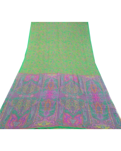 Sanskriti Vintage Sarees Green &amp; Purple Pure Silk Printed Sari Craft Fabric, PR-64577-Green &amp; Purple-Pure Silk-11