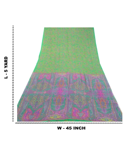 Sanskriti Vintage Sarees Green &amp; Purple Pure Silk Printed Sari Craft Fabric, PR-64577-Green &amp; Purple-Pure Silk-12