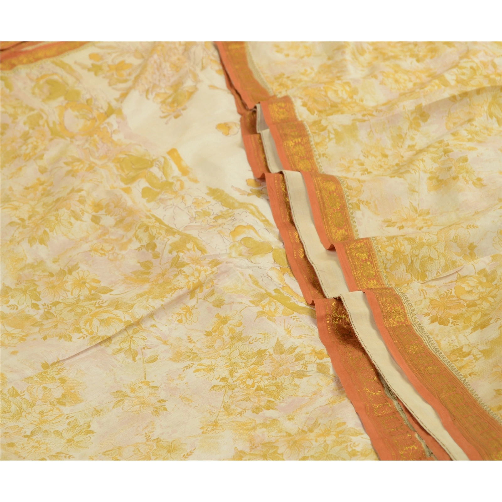 Sanskriti Vintage Sarees Ivory &amp; Yellow Zari Border Pure Silk Print Sari Fabric, PR-64584-Ivory &amp; Yellow-Pure Silk-1