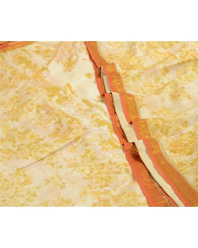 Sanskriti Vintage Sarees Ivory &amp; Yellow Zari Border Pure Silk Print Sari Fabric, PR-64584-Ivory &amp; Yellow-Pure Silk-1