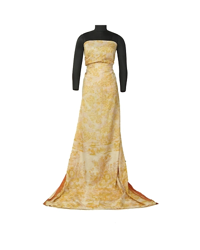 Sanskriti Vintage Sarees Ivory &amp; Yellow Zari Border Pure Silk Print Sari Fabric, PR-64584-Ivory &amp; Yellow-Pure Silk-2